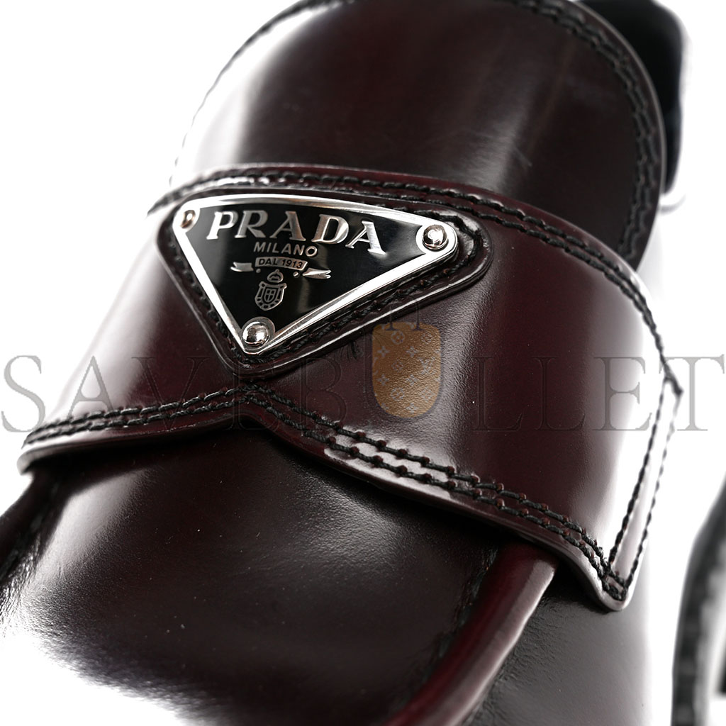 PRADA SPAZZOLATO METAL TRIANGLE LOGO 50MM LOAFERS 39 BRUCIATIO FUME