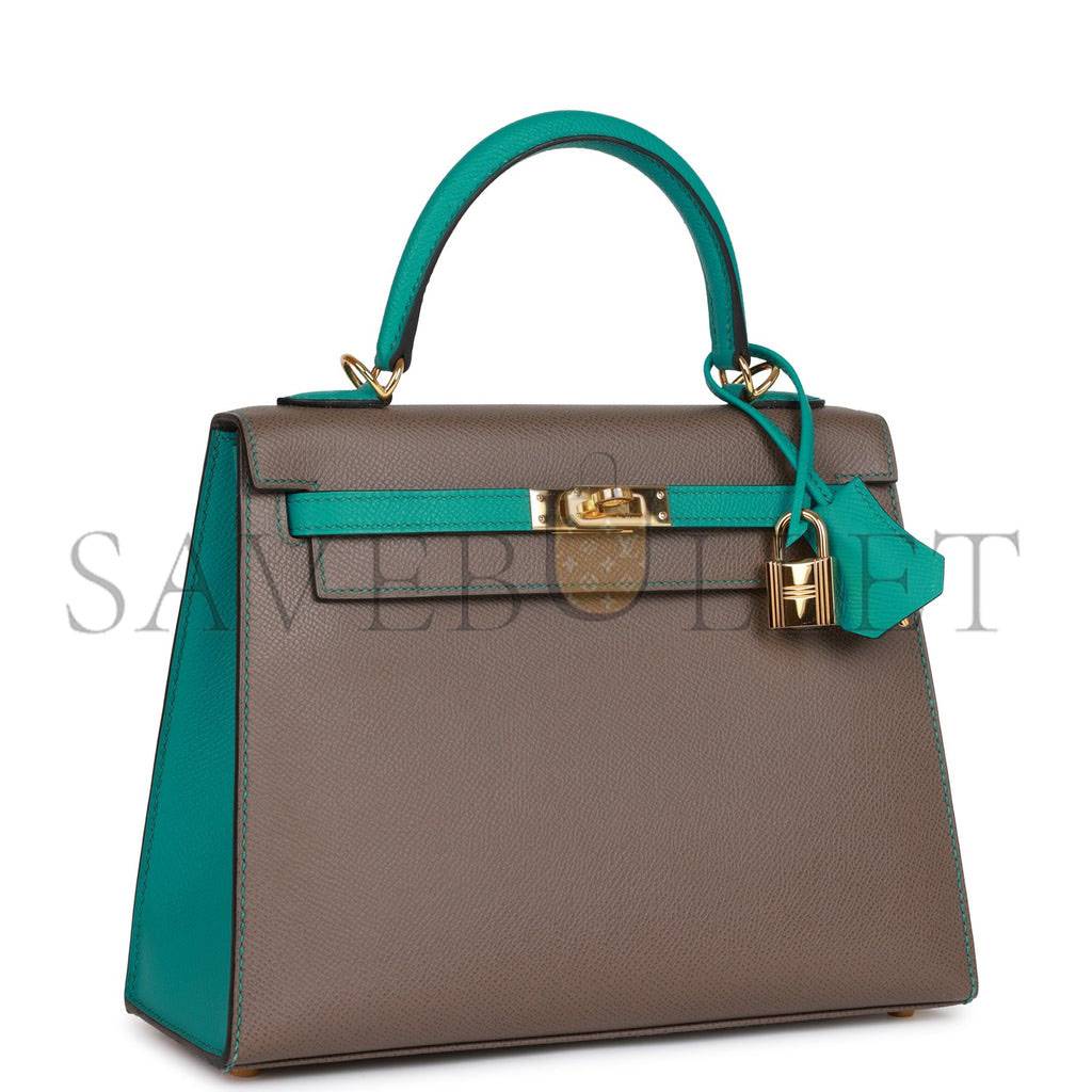 HERMES SPECIAL ORDER (HSS) KELLY SELLIER 25 ETAIN AND BLEU PAON EPSOM GOLD HARDWARE HANDMADE(25*17*7cm)