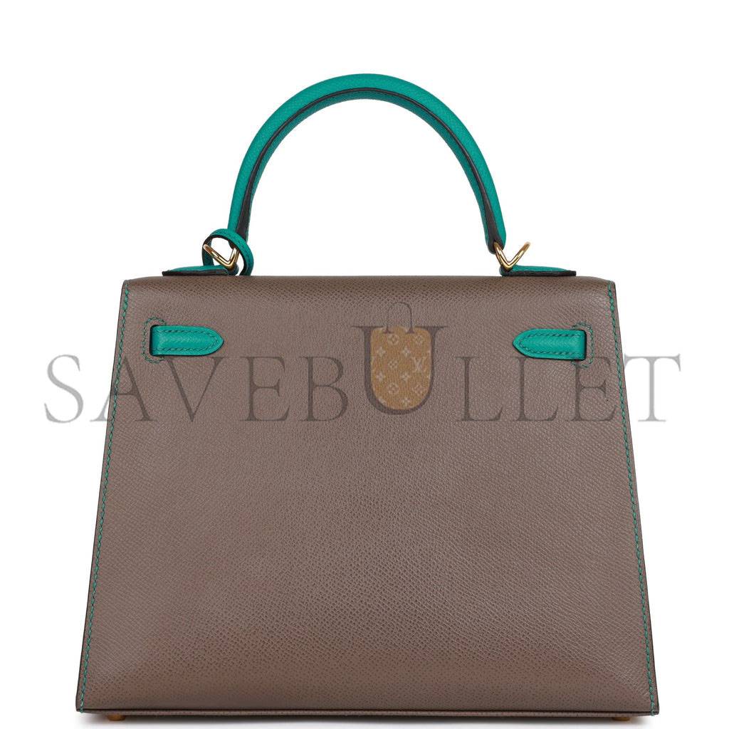 HERMES SPECIAL ORDER (HSS) KELLY SELLIER 25 ETAIN AND BLEU PAON EPSOM GOLD HARDWARE HANDMADE(25*17*7cm)