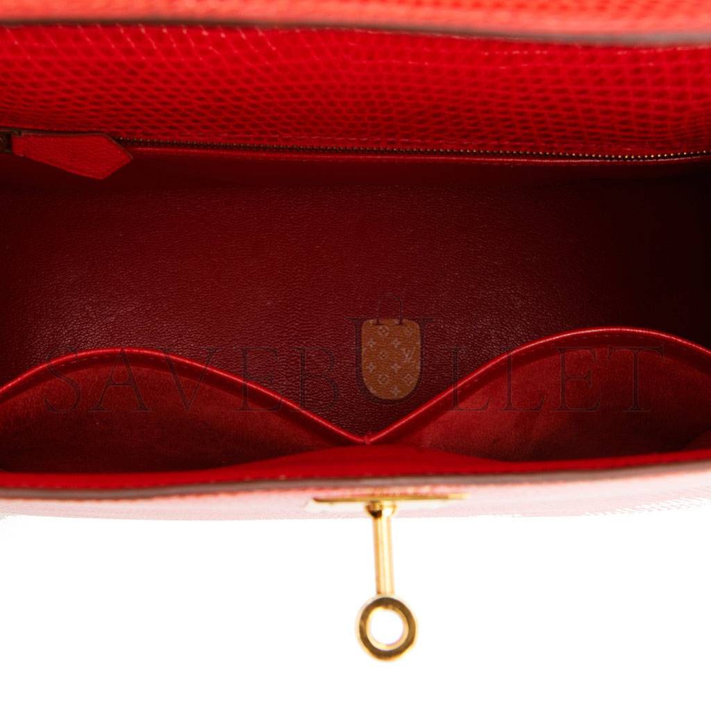 HERMES KELLY SELLIER 28 ROUGE VIF LIZARD NILOTICUS GOLD HARDWARE (28*22*10cm)