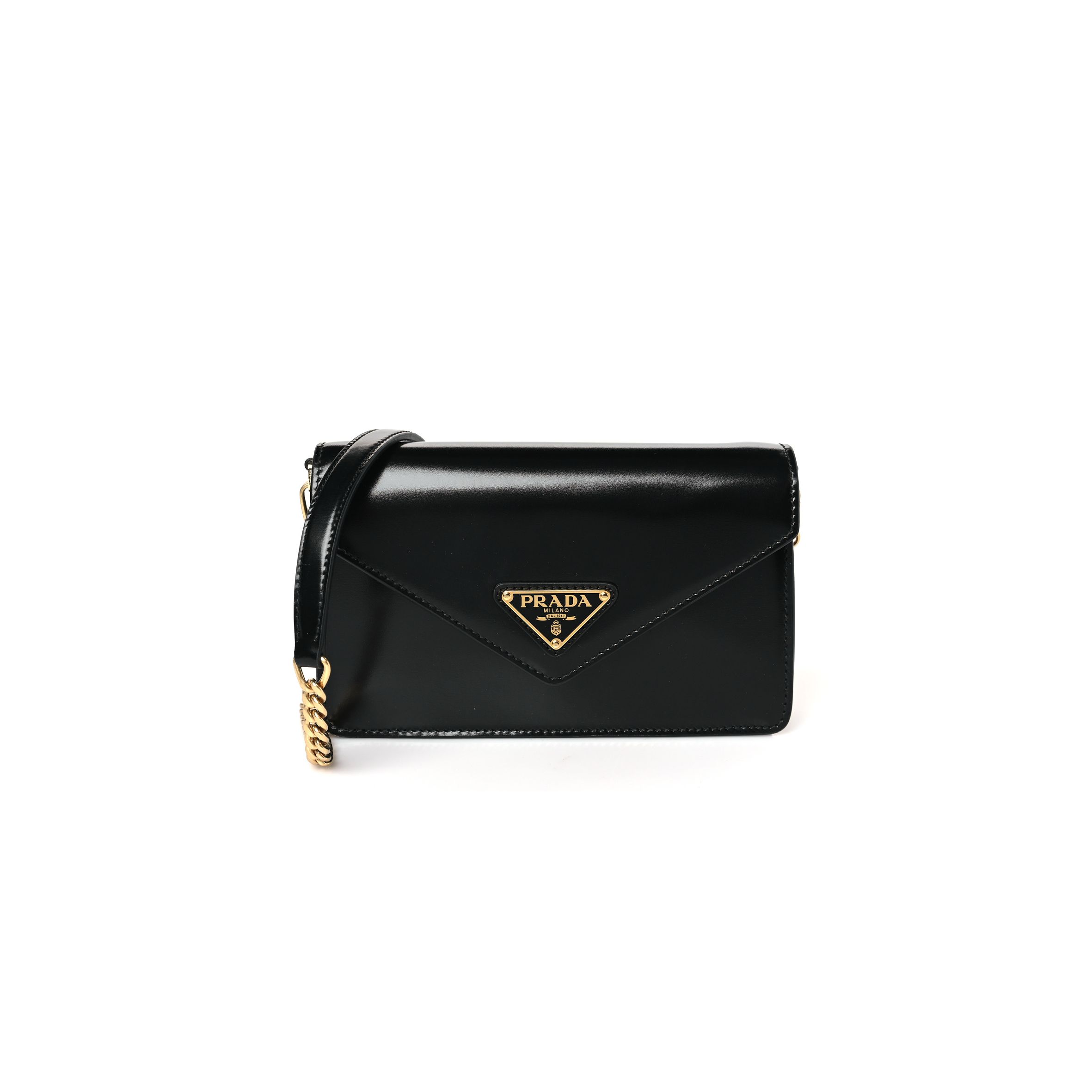 PRADA BRUSHED CALFSKIN ENVELOPE CHAIN CROSSBODY FLAP BLACK (19*13*5cm)