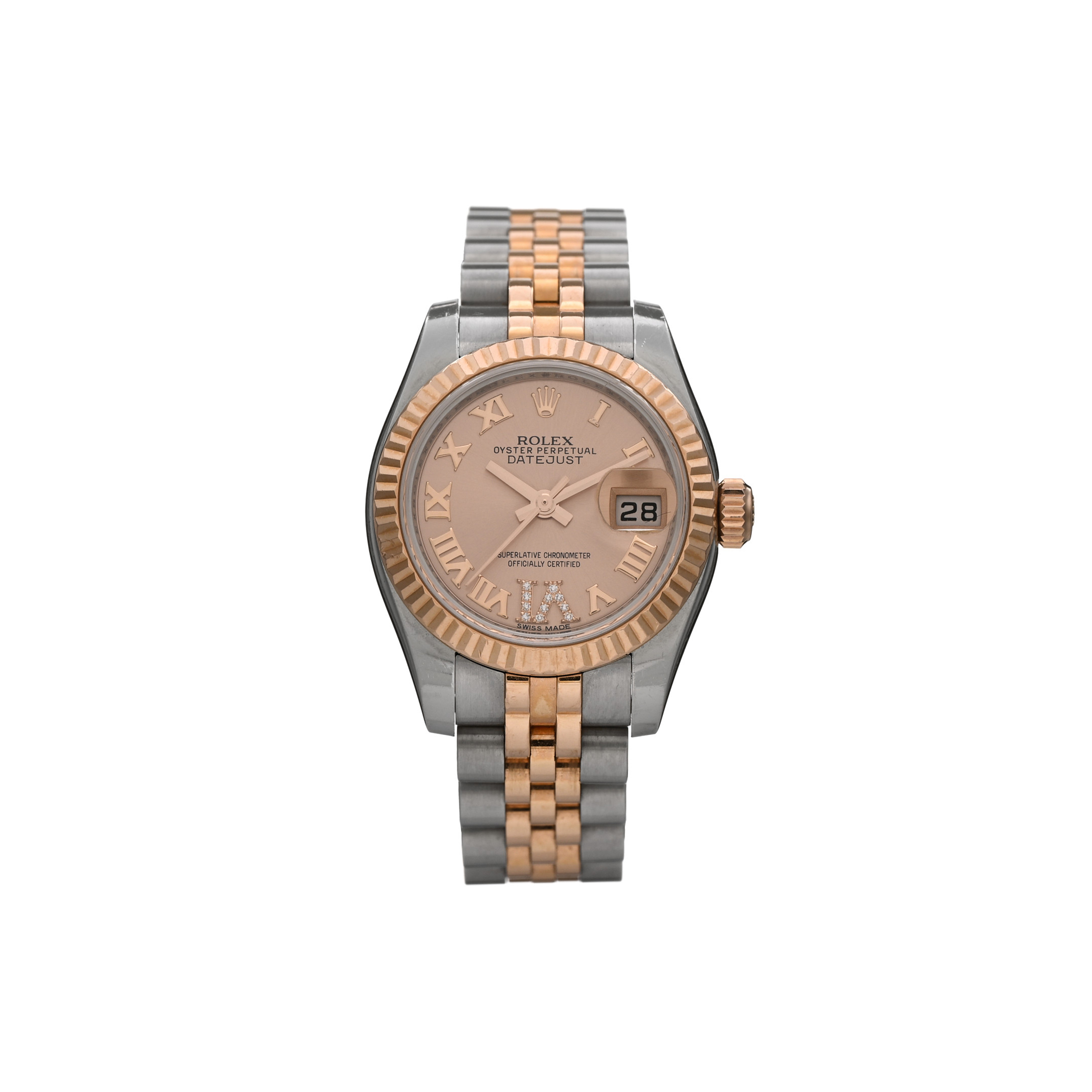 ROLEX STAINLESS STEEL 18K EVEROSE GOLD DIAMOND 26MM OYSTER PERPETUAL DATEJUST WATCH PINK ROMAN 179171