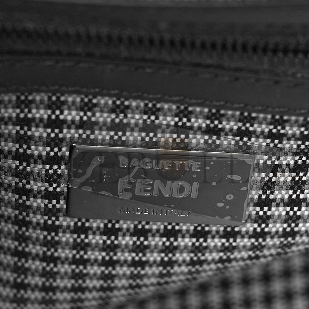 FENDI WOOL VITELLO KING HOUNDSTOOTH FF EMBROIDERED BAGUETTE GRIGIO ANTHRACITE (27*17*6cm)